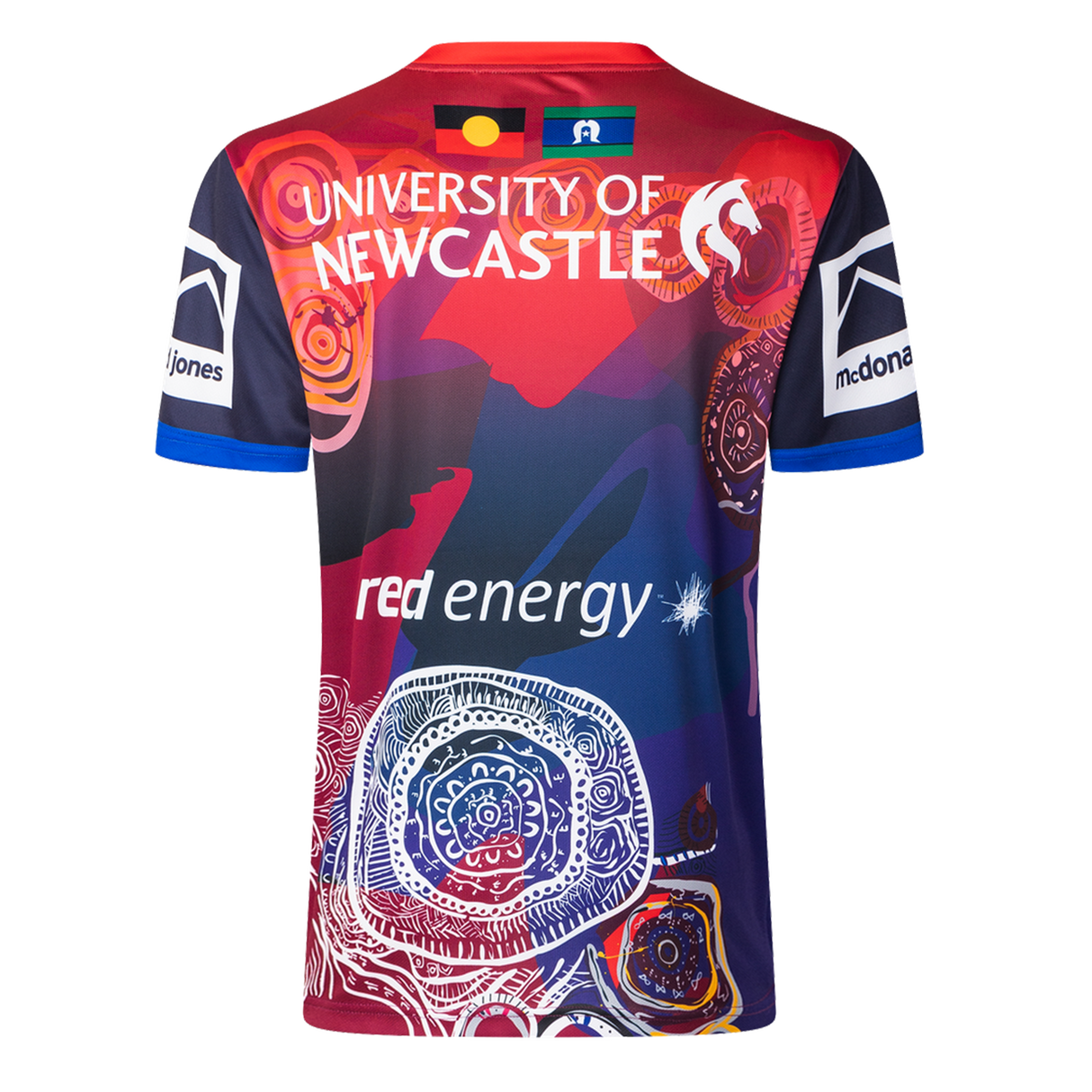The Knights Indigenous NRL 25/26 Replica Jersey by Classic Sportswear features Indigenous art patterns, sponsor logos, and Classic Sportswear branding.