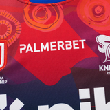 Close-up of the Knights Indigenous NRL 25/26 Replica Jersey by Classic Sportswear, featuring a red and purple design, "PALMERBET" logo in white, and abstract patterns—ideal replica for passionate fans.