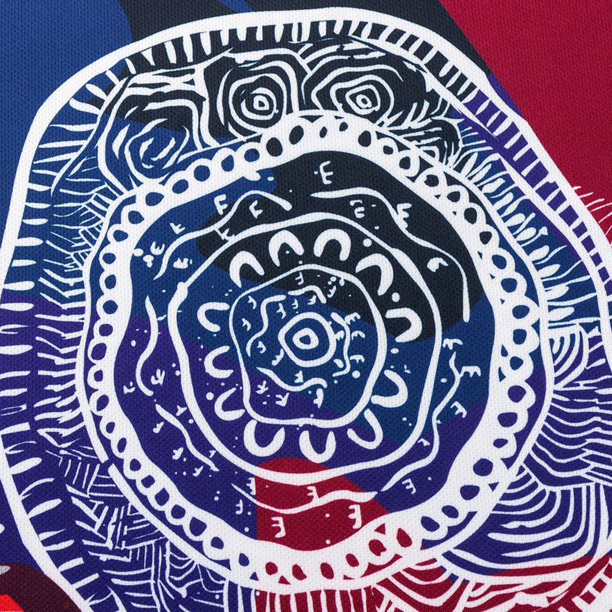 Abstract painting with swirling white, blue, and red concentric patterns and bold lines—evoking the vibrant style of the Knights Indigenous NRL 25/26 Replica Jersey by Classic Sportswear.