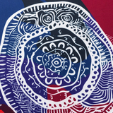 Abstract painting with swirling white, blue, and red concentric patterns and bold lines—evoking the vibrant style of the Knights Indigenous NRL 25/26 Replica Jersey by Classic Sportswear.