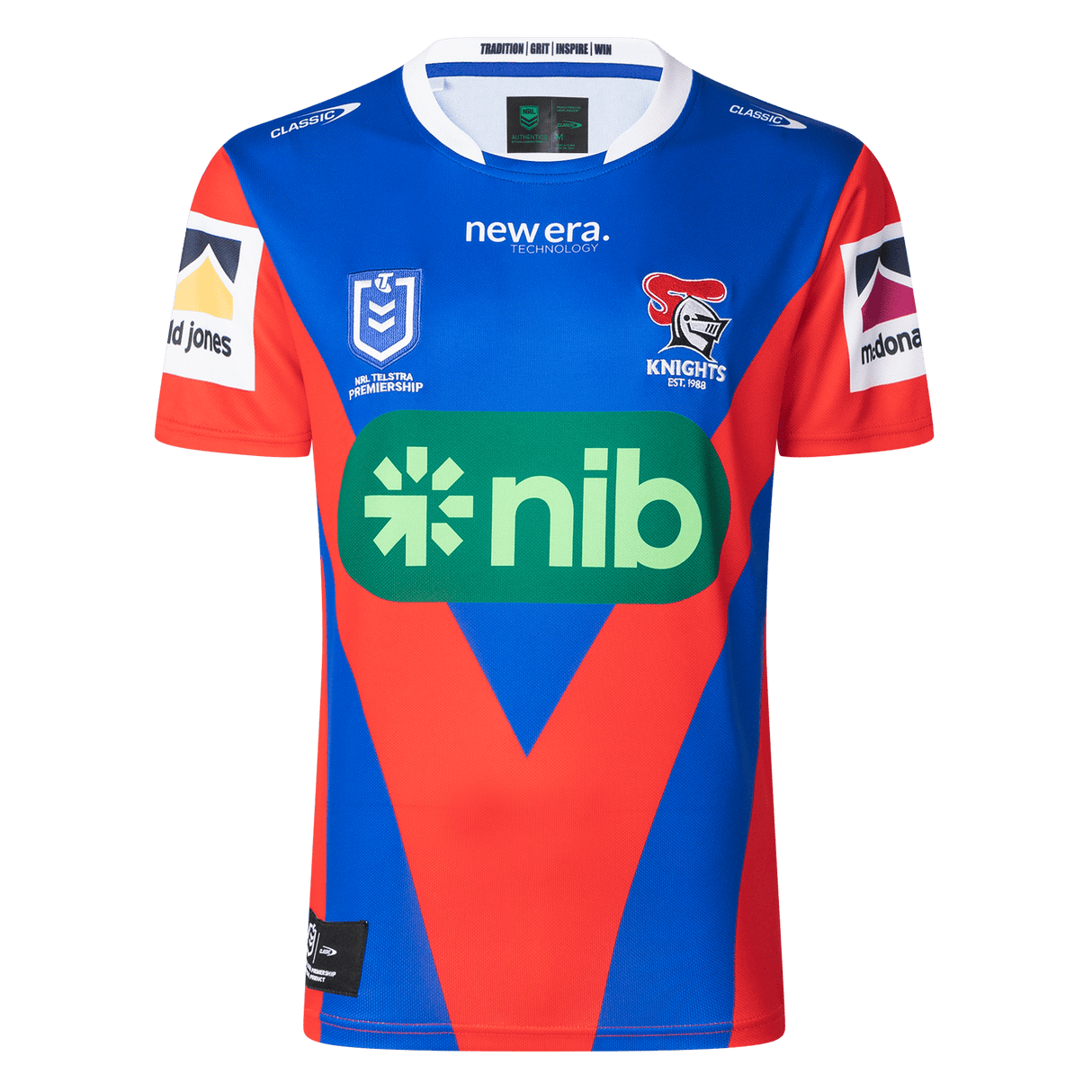 The Knights NRL 25/26 Replica Home Jersey by Classic Sportswear features logos from NIB, New Era, and McDonald's. It boasts an athletic fit with vibrant sublimated graphics that capture the spirit of the game perfectly.