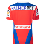 The back of the Knights NRL 25/26 Replica Home Jersey by Classic Sportswear features sublimated graphics with logos for Palmerbet, Red Energy, and additional sponsors. Designed in an athletic fit for peak performance.