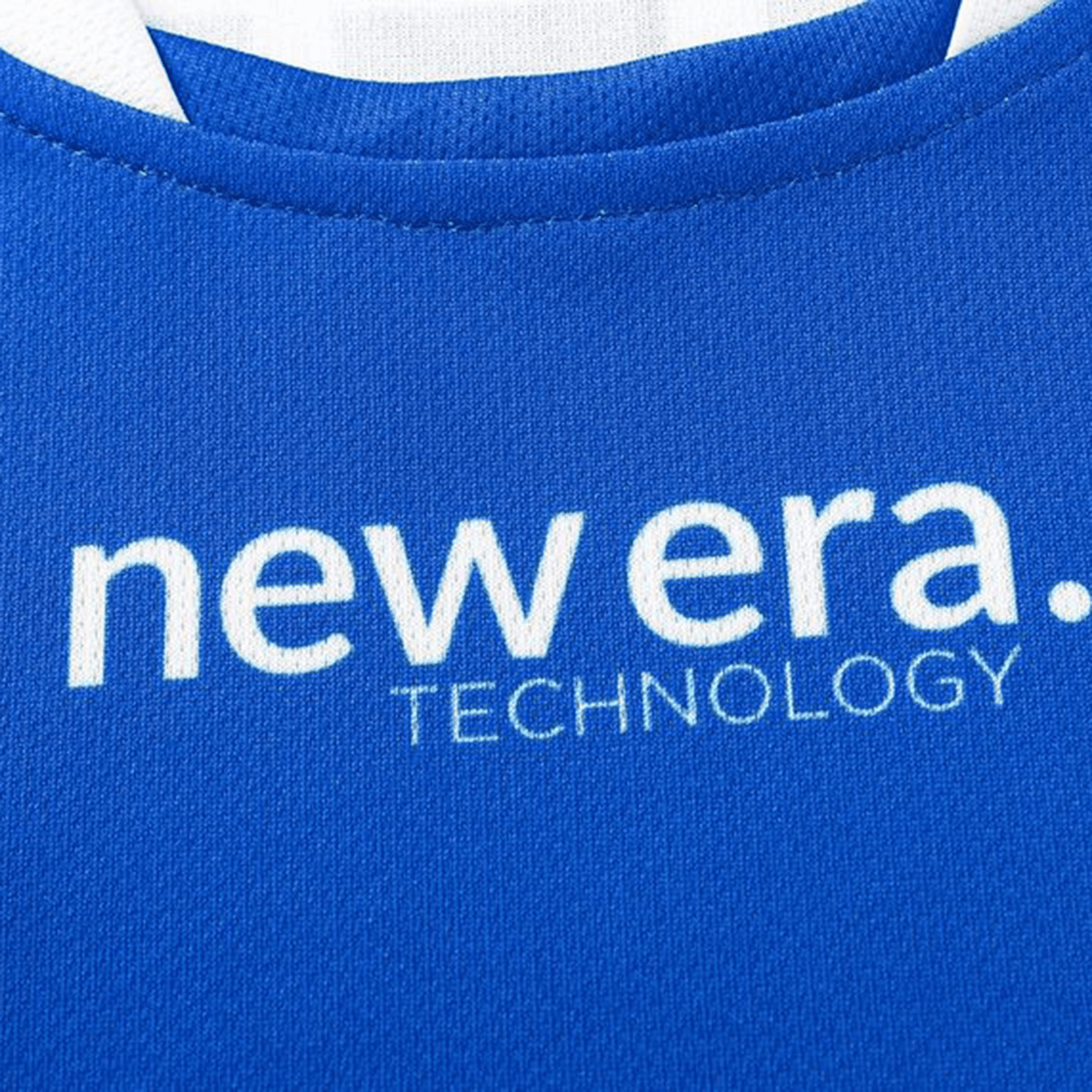 Close-up of the Knights NRL 25/26 Replica Home Jersey by Classic Sportswear, showcasing blue fabric with "new era TECHNOLOGY" in white text and sublimated graphics for added depth.