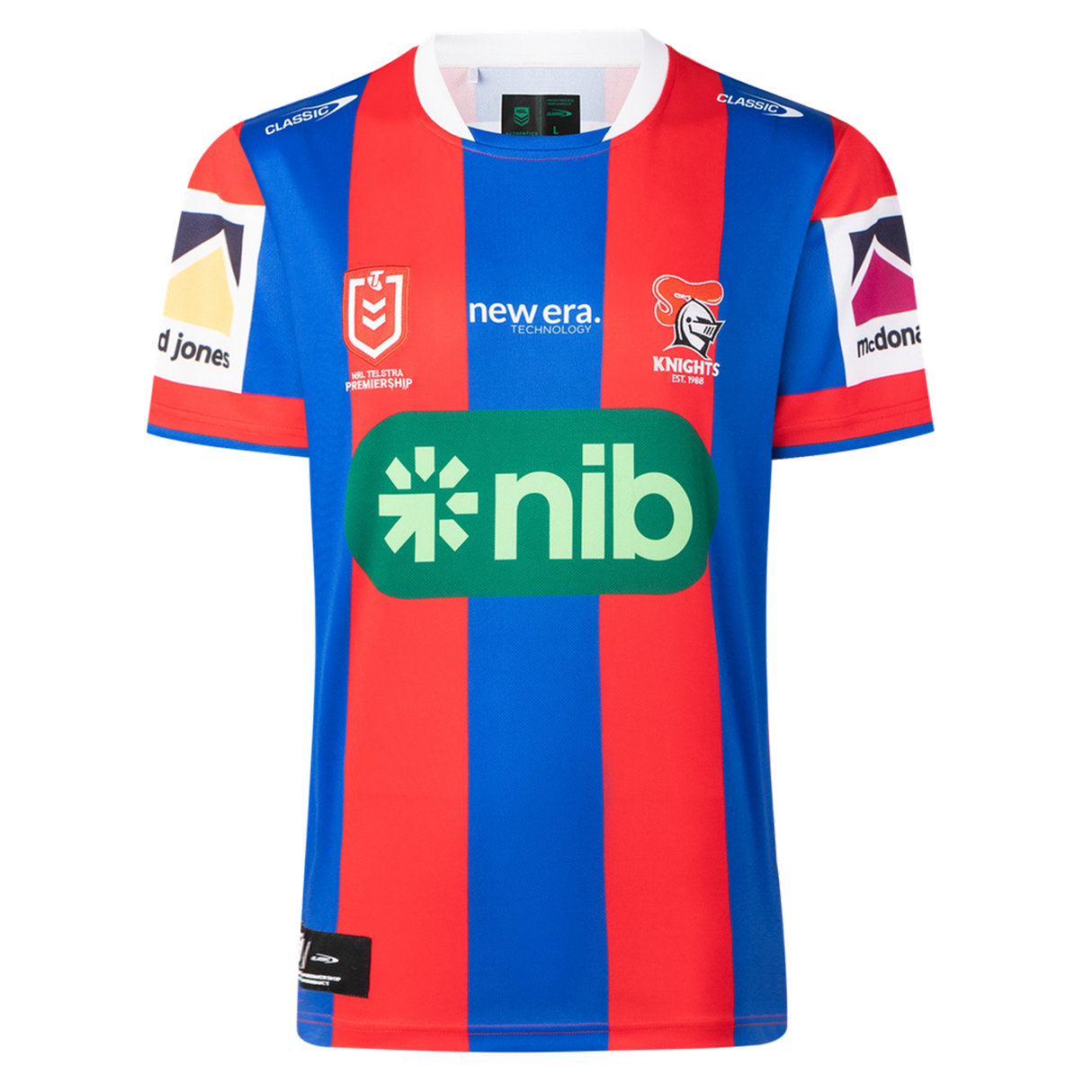 The Knights NRL 26/27 Replica Home Jersey by Classic Sportswear features blue and red stripes, the Newcastle Knights logo, sponsor logos, and white accents on the sleeves and collar.