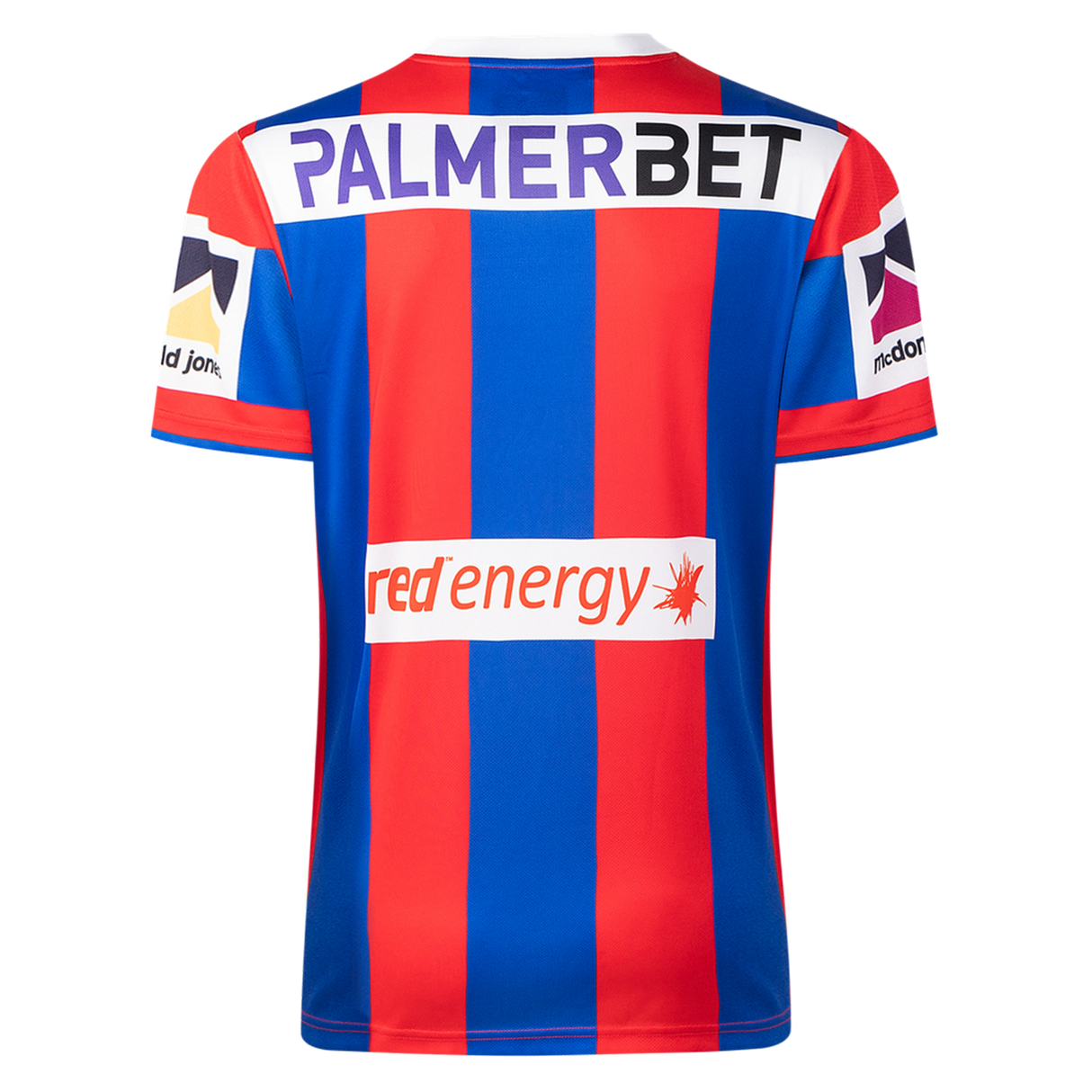 The Knights NRL 26/27 Replica Home Jersey by Classic Sportswear features red and blue vertical stripes, sponsor logos including "PALMERBET" and "red energy," and is styled as an official Newcastle Knights jersey.