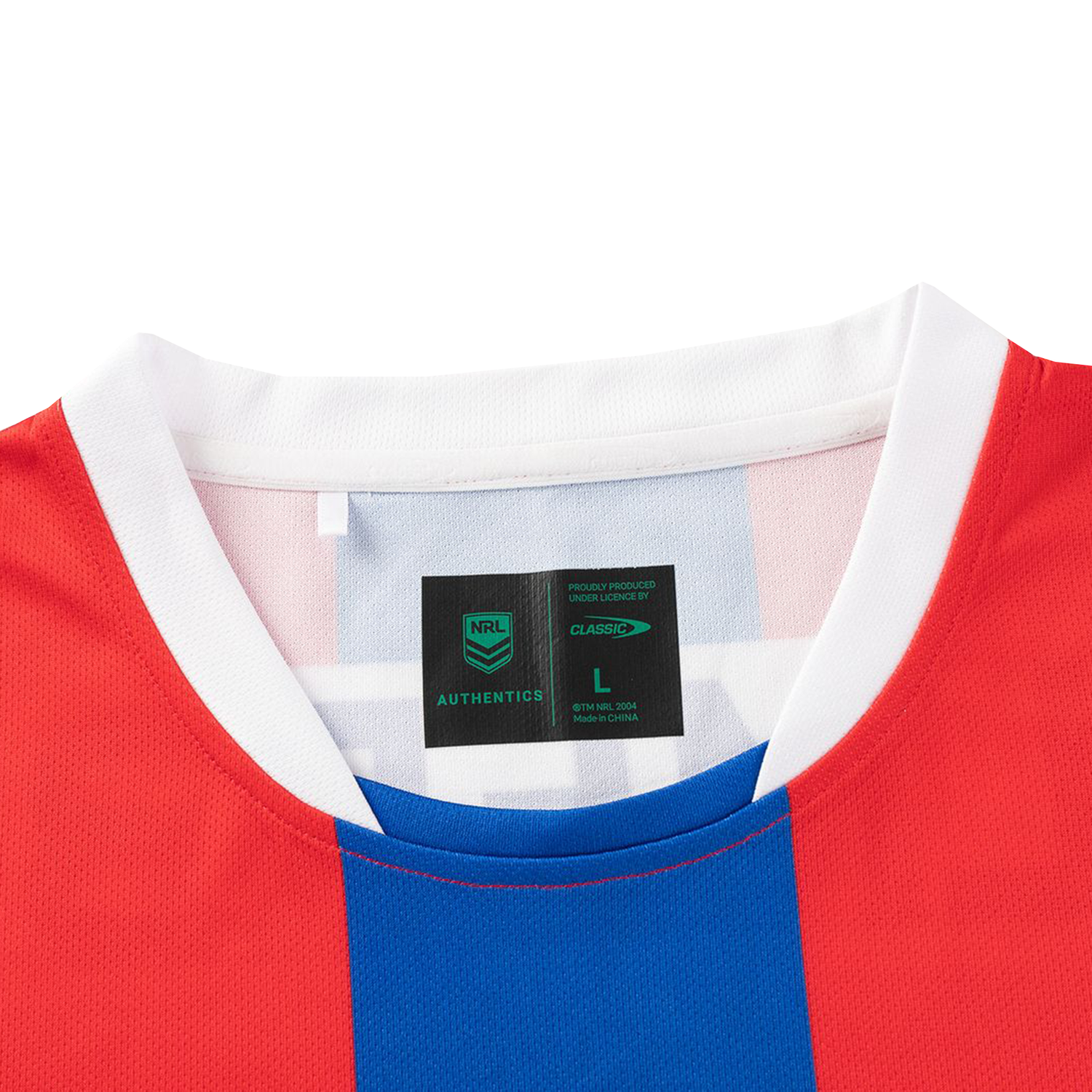 A close-up of the Classic Sportswear Knights NRL 26/27 Replica Home Jersey displays its collar and a label marked “NRL Authentics, Classic Sportswear, L.”.
