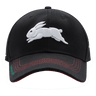 The Rabbitohs NRL 25/26 Media Cap by Classic Sportswear is a black quick-drying polyester baseball cap featuring an embroidered white rabbit on the front and red stitching accents on the brim, showcasing stylish branding.