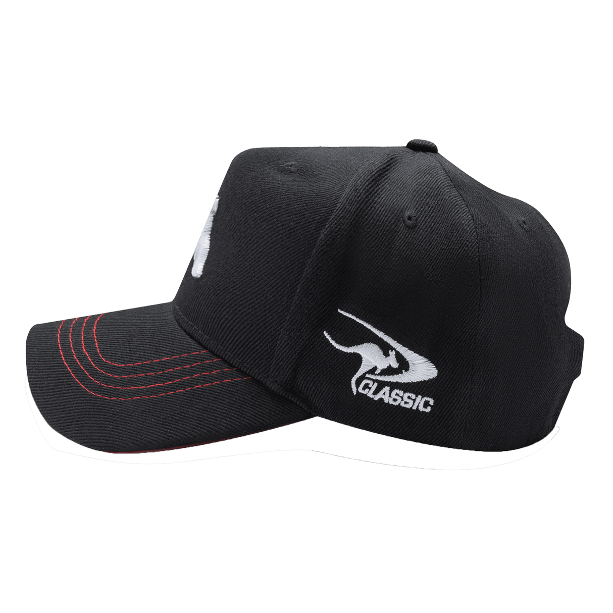 Introducing the Rabbitohs NRL 25/26 Media Cap by Classic Sportswear: a sleek black polyester cap with quick-drying features, red stitching, and a side white logo plus elegant "Classic" branding embroidery.