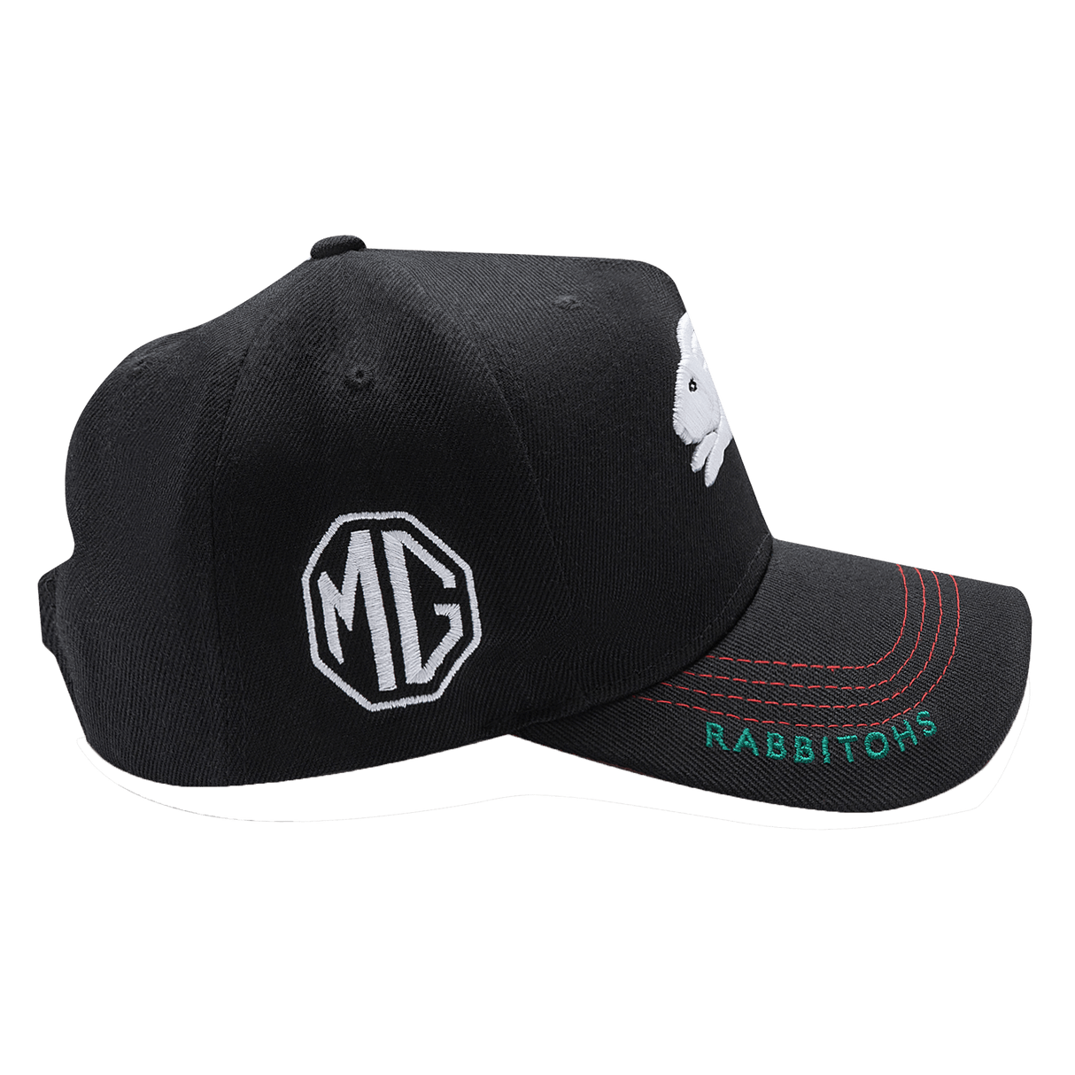 The Rabbitohs NRL 25/26 Media Cap by Classic Sportswear is a black baseball cap featuring "MG" and "RABBITOHS" logos. Made from quick-drying polyester, it has red stitching on the brim and a white embroidered rabbit logo on the side.