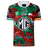 The Rabbitohs Indigenous NRL 25/26 Replica Jersey by Classic Sportswear features Aboriginal-inspired red, green, and black designs, sponsor logos including a large "MG," and is the official Rabbitohs NRL jersey.