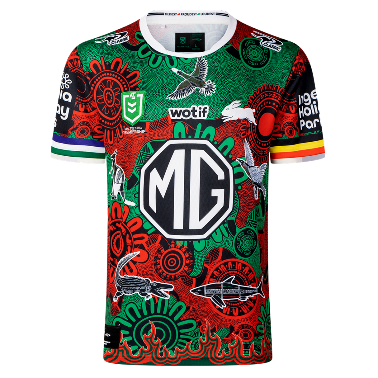 The Rabbitohs Indigenous NRL 25/26 Replica Jersey by Classic Sportswear features Aboriginal-inspired red, green, and black designs, sponsor logos including a large "MG," and is the official Rabbitohs NRL jersey.