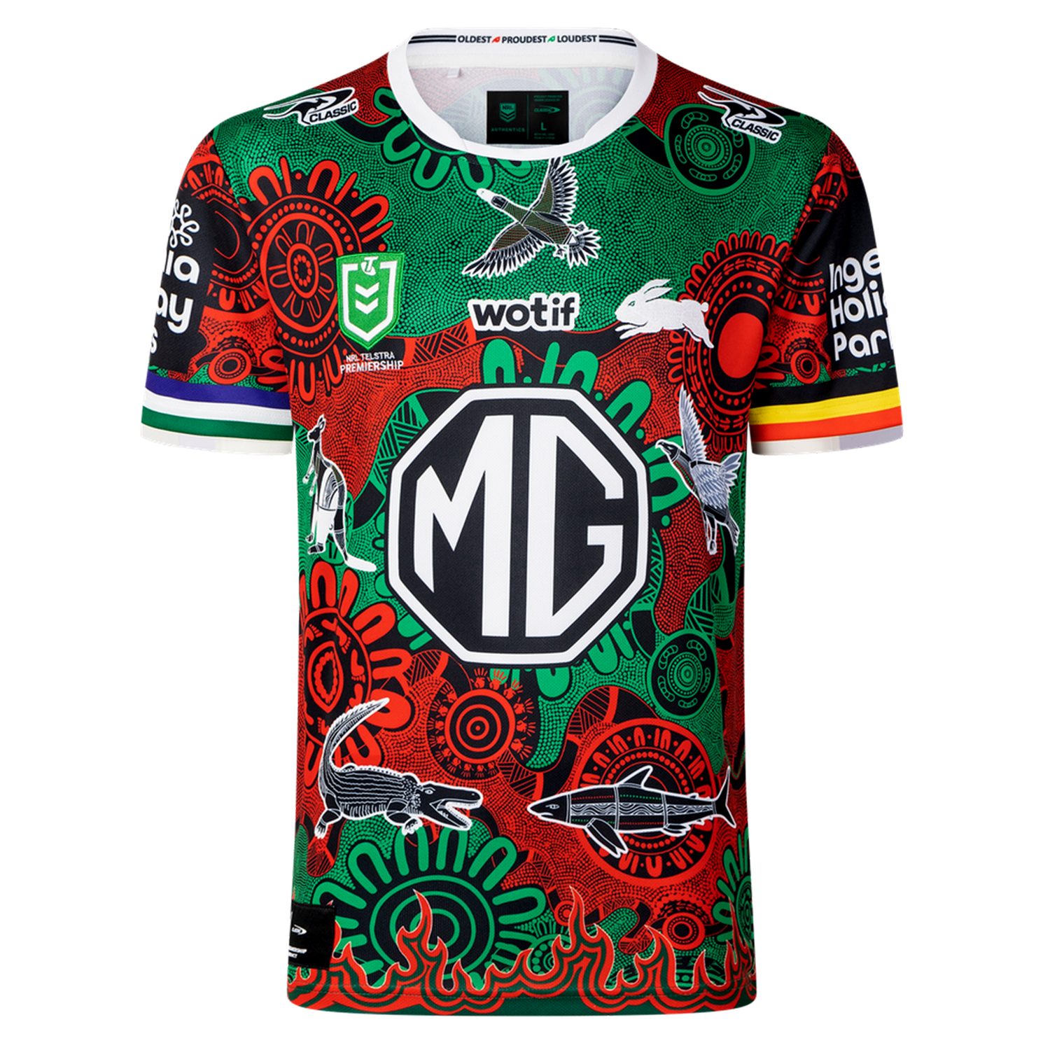 The Rabbitohs Indigenous NRL 25/26 Replica Jersey by Classic Sportswear features Aboriginal-inspired red, green, and black designs, sponsor logos including a large "MG," and is the official Rabbitohs NRL jersey.