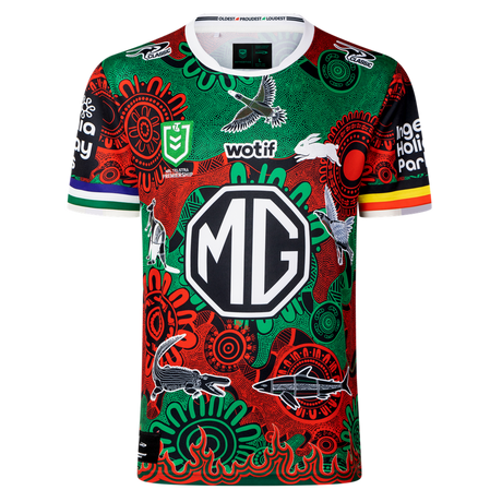 The Rabbitohs Indigenous NRL 25/26 Replica Jersey by Classic Sportswear features Aboriginal-inspired red, green, and black designs, sponsor logos including a large "MG," and is the official Rabbitohs NRL jersey.
