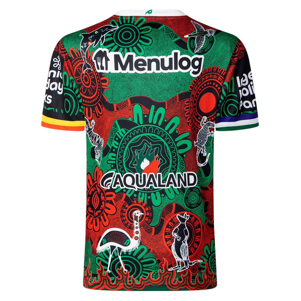 The Rabbitohs Indigenous NRL 25/26 Replica Jersey by Classic Sportswear features striking Indigenous art, animal motifs on the back, and sponsor logos "Menulog" and "Aqualand" for an authentic team look.