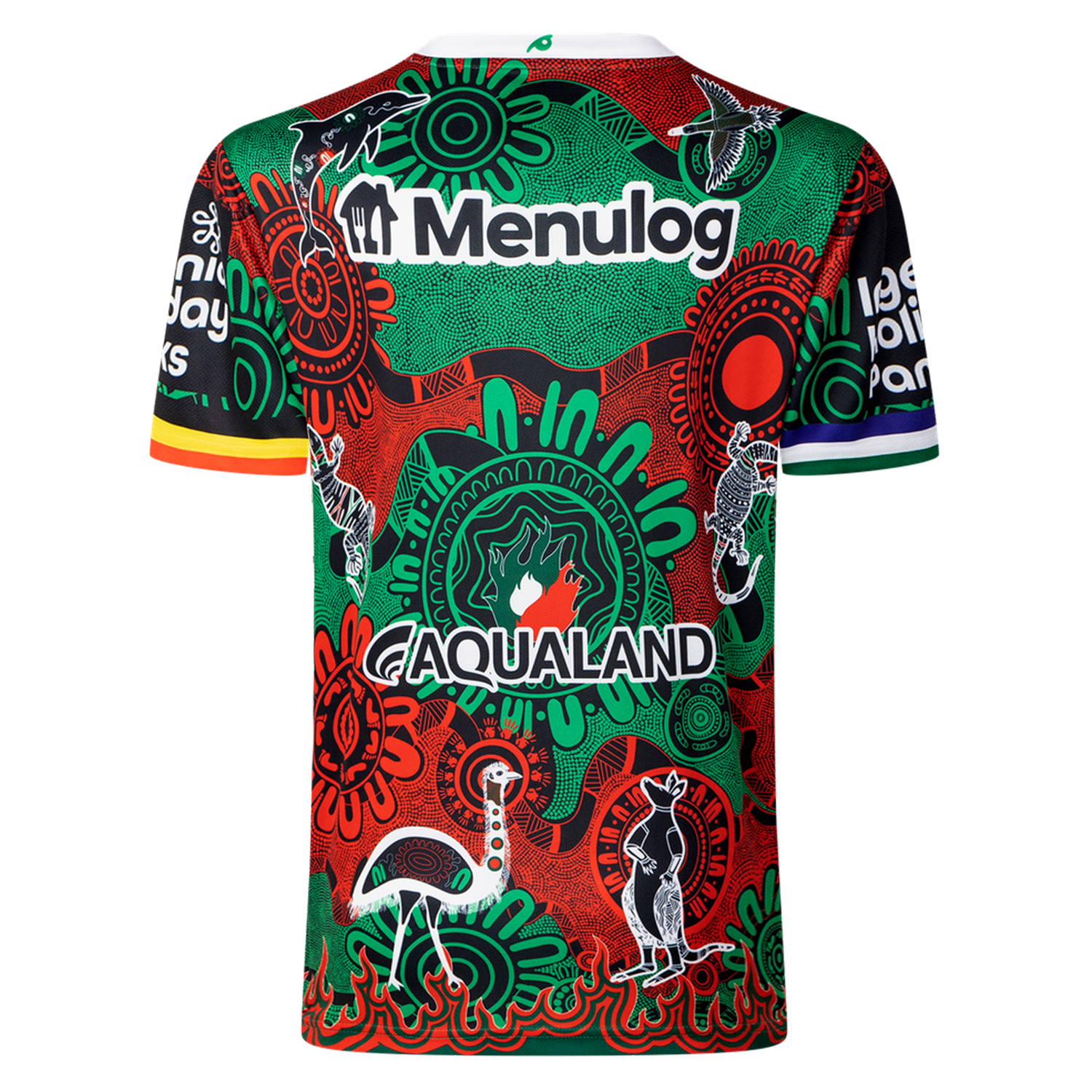 The Rabbitohs Indigenous NRL 25/26 Replica Jersey by Classic Sportswear features striking Indigenous art, animal motifs on the back, and sponsor logos "Menulog" and "Aqualand" for an authentic team look.