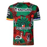 The Rabbitohs Indigenous NRL 25/26 Replica Jersey by Classic Sportswear features striking Indigenous art, animal motifs on the back, and sponsor logos "Menulog" and "Aqualand" for an authentic team look.