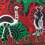 Aboriginal-style artwork with a white emu and kangaroo amid red and green patterns, inspired by the Rabbitohs Indigenous NRL 25/26 Replica Jersey from Classic Sportswear.