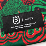 Close-up of an NRL Telstra Premiership Official Product label on the green and red Rabbitohs Indigenous NRL 25/26 Replica Jersey by Classic Sportswear.