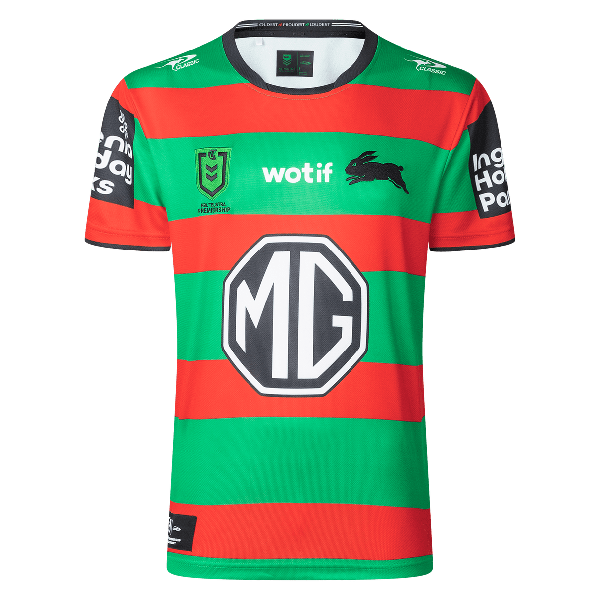 The Rabbitohs NRL 25/26 Replica Home Jersey by Classic Sportswear features green and red stripes, sponsor logos, and the iconic black rabbit emblem on the chest.
