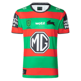 The Rabbitohs NRL 25/26 Replica Home Jersey by Classic Sportswear features green and red stripes, sponsor logos, and the iconic black rabbit emblem on the chest.