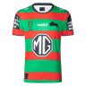 The Rabbitohs NRL 25/26 Replica Home Jersey by Classic Sportswear features green and red stripes, sponsor logos, and the iconic black rabbit emblem on the chest.