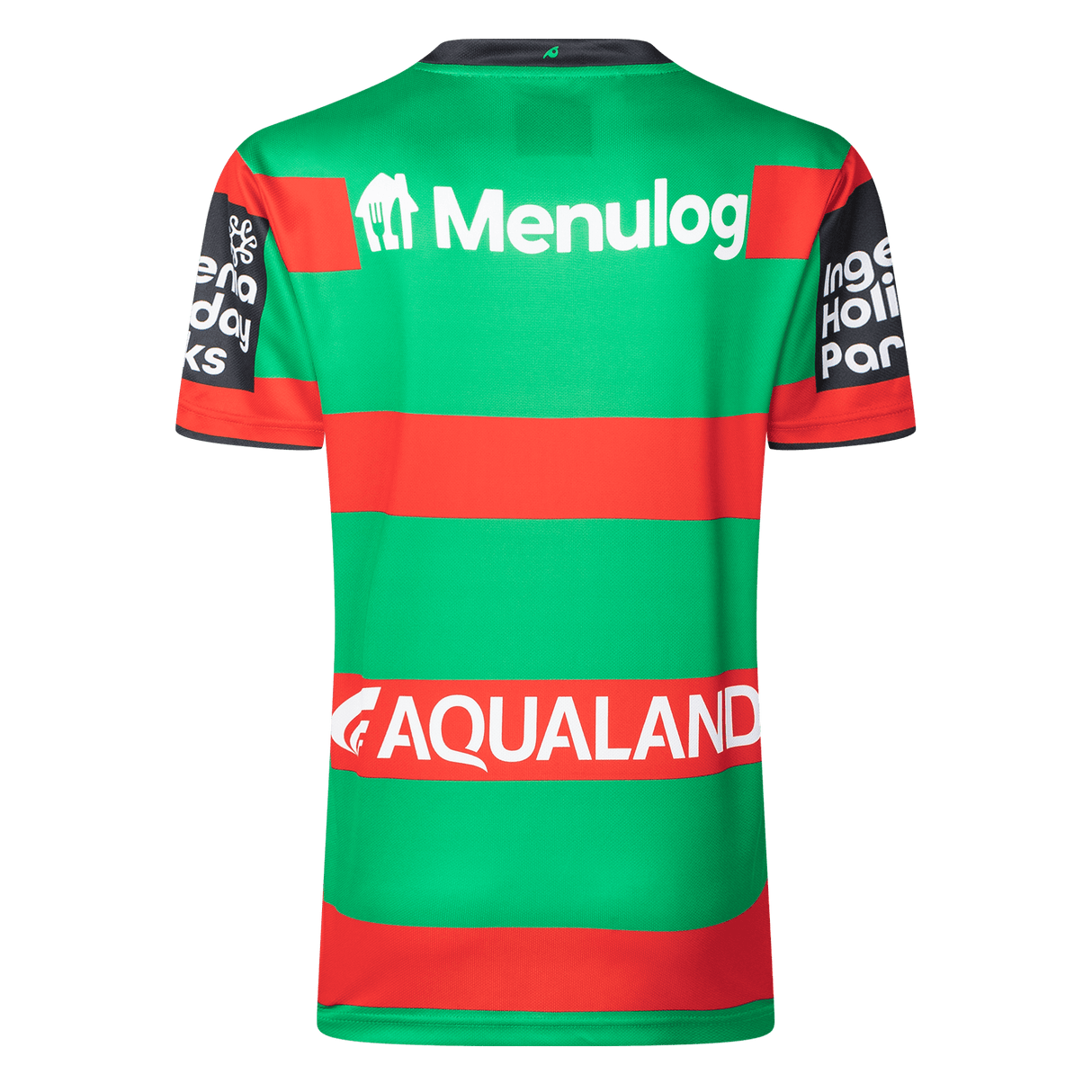 The Rabbitohs NRL 25/26 Replica Home Jersey by Classic Sportswear features a green and red stripe design with Menulog and Aqualand logos on the back and sleeves, embodying the team's spirit in every stitch.