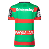 The Rabbitohs NRL 25/26 Replica Home Jersey by Classic Sportswear features a green and red stripe design with Menulog and Aqualand logos on the back and sleeves, embodying the team's spirit in every stitch.