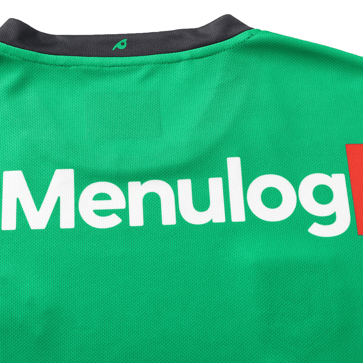 Close-up of the Rabbitohs NRL 25/26 Replica Home Jersey by Classic Sportswear in green, featuring the "Menulog" logo on the back—an ideal addition to any NRL replica collection.