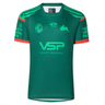 The Rabbitohs NRL 25/26 Special Edition Captains Run Jersey by Classic Sportswear features green and red short sleeves, various logos including MG, a kangaroo, and a rabbit, with "VSP Security Wholesale" on the front—a must-have for any Rabbitohs jersey collection.