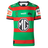 The Rabbitohs NRL 26/27 Replica Home Jersey by Classic Sportswear features red and green stripes, sponsor logos (MG, wotif, Budget Direct), and a black rabbit emblem—an authentic South Sydney home jersey.