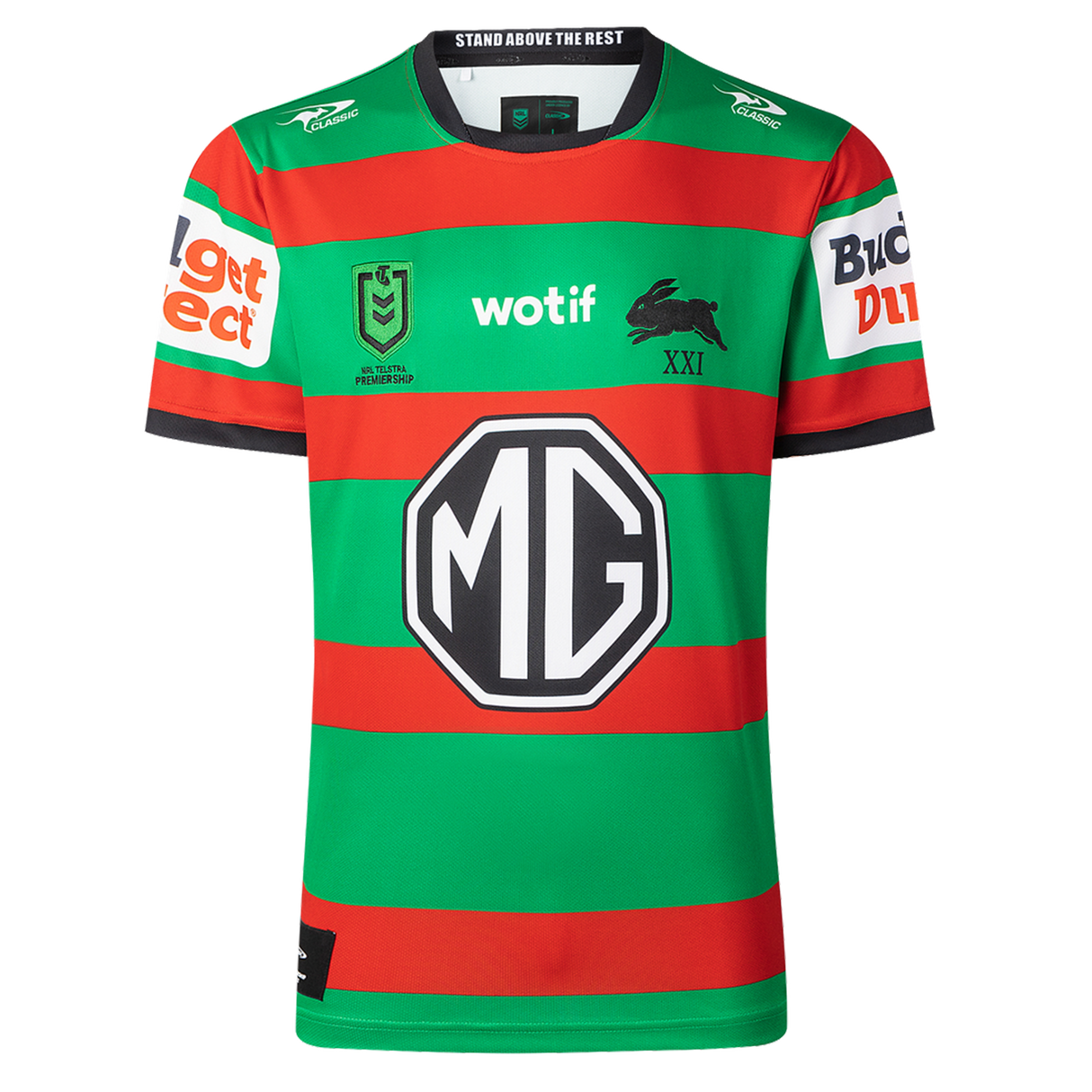 The Rabbitohs NRL 26/27 Replica Home Jersey by Classic Sportswear features red and green stripes, sponsor logos (MG, wotif, Budget Direct), and a black rabbit emblem—an authentic South Sydney home jersey.