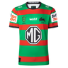 The Rabbitohs NRL 26/27 Replica Home Jersey by Classic Sportswear features red and green stripes, sponsor logos (MG, wotif, Budget Direct), and a black rabbit emblem—an authentic South Sydney home jersey.