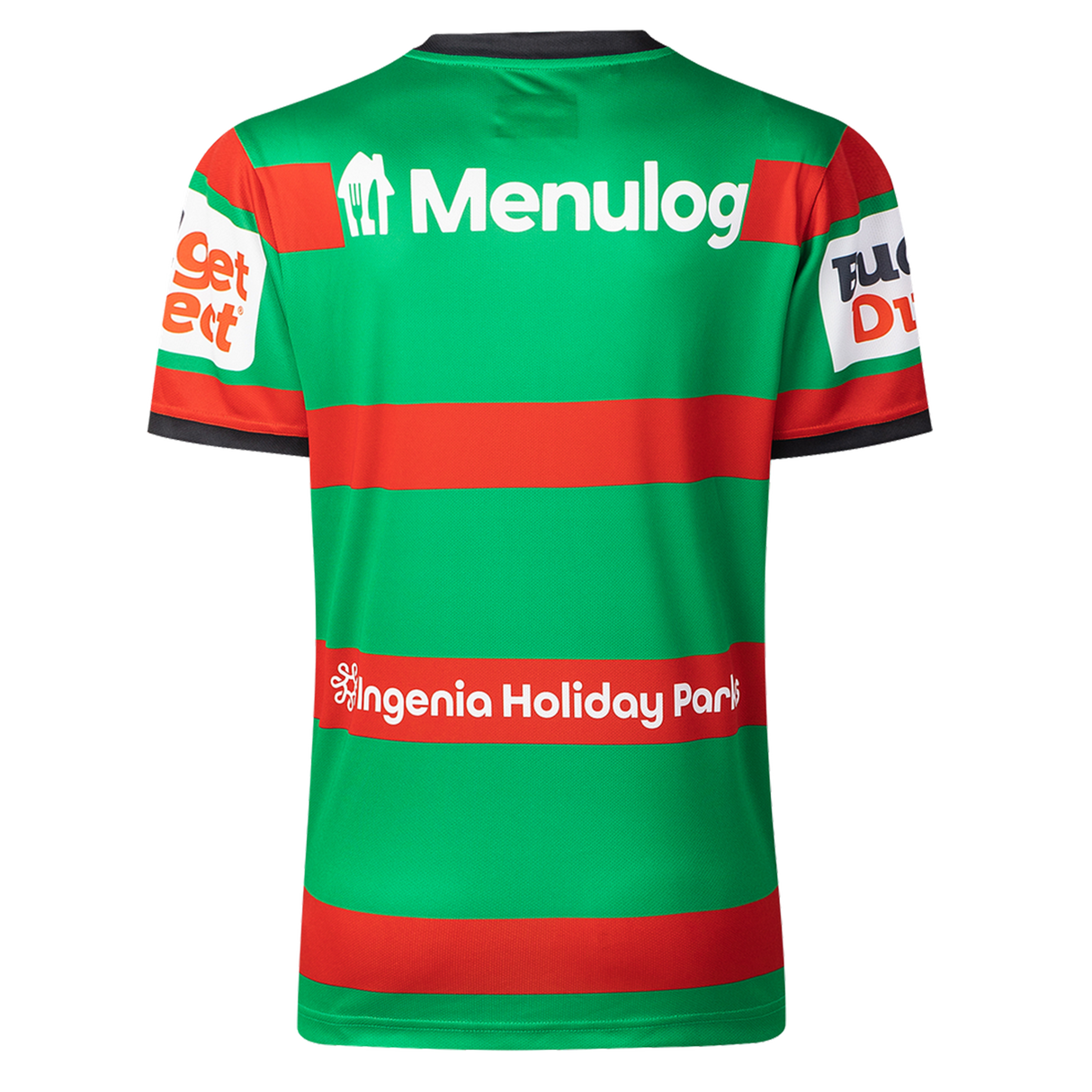 The Rabbitohs NRL 26/27 Replica Home Jersey by Classic Sportswear features green and red stripes, sponsor logos (Menulog, Ingenia Holiday Parks, Budget Direct), and is shown from the back.