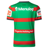 The Rabbitohs NRL 26/27 Replica Home Jersey by Classic Sportswear features green and red stripes, sponsor logos (Menulog, Ingenia Holiday Parks, Budget Direct), and is shown from the back.