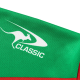 A close-up of green fabric with a white kangaroo logo and "CLASSIC" text, showing the detail of the Rabbitohs NRL 26/27 Replica Home Jersey by Classic Sportswear.
