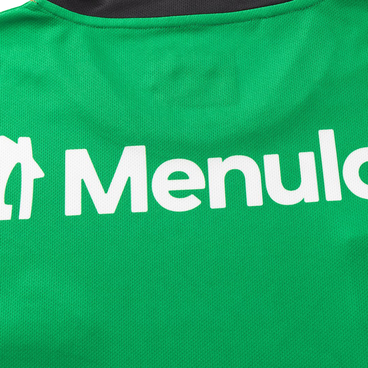 Close-up of green fabric with white "Menul" text and part of a logo on the Rabbitohs NRL 26/27 Replica Home Jersey by Classic Sportswear.