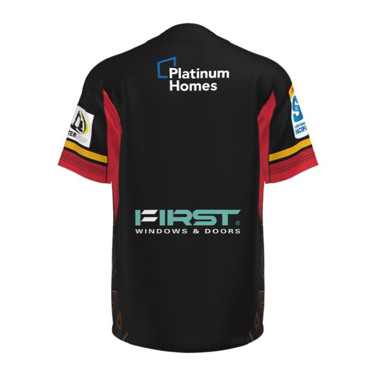 Back view of the Gallagher Chiefs Super Rugby Home Jersey 24 by Classic Sportswear in black with red and yellow accents, showcasing logos for Platinum Homes, FIRST Windows & Doors, and other sponsors on the back and sleeves. Constructed from anti-microbial wickable fabric for enhanced comfort.