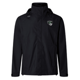 The Chicago Valkyries Elite Storm Jacket by EMB Canterbury is a black jacket with a high collar, features a small embroidered chest logo, and has a lightweight mesh lining for added comfort.