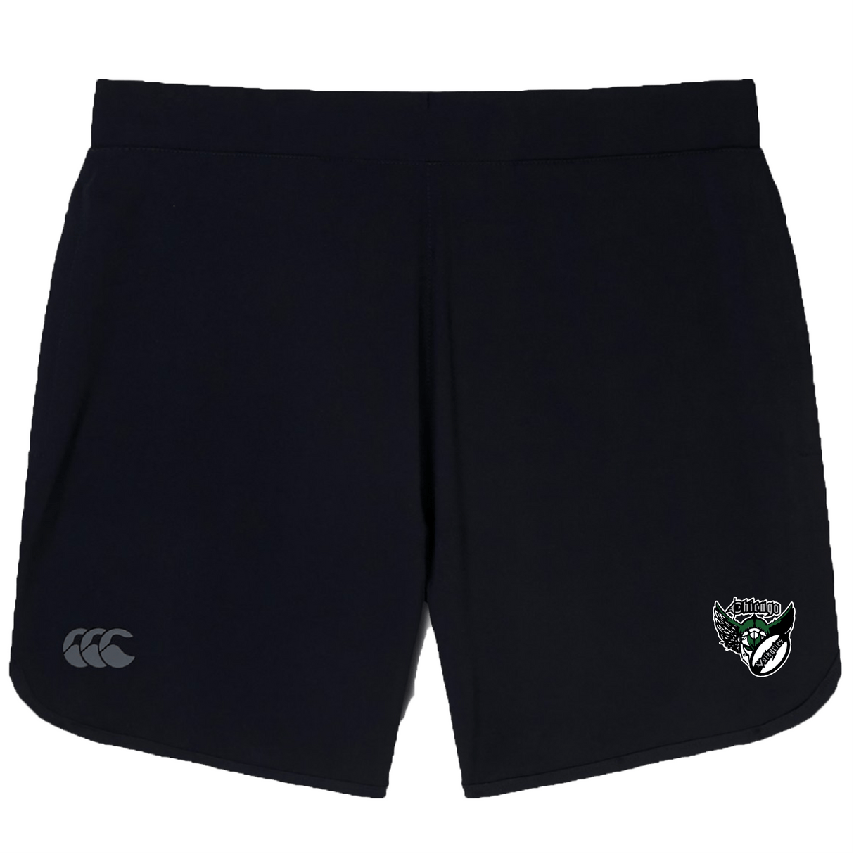 The EMB Canterbury Chicago Valkyries Elite Woven Short features black sports shorts with a white and green logo on the right side, designed for lightweight comfort and enhanced flexibility.