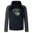 The Chicago Valkyries Elite Training Hoody by WRS Canterbury offers performance and comfort in a black and gray design. With a winged graphic logo on the chest, it uses lower impact materials for eco-friendly style.