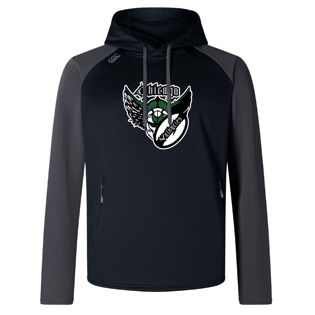 The Chicago Valkyries Elite Training Hoody by WRS Canterbury offers performance and comfort in a black and gray design. With a winged graphic logo on the chest, it uses lower impact materials for eco-friendly style.