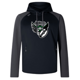 The Chicago Valkyries Elite Training Hoody by WRS Canterbury offers performance and comfort in a black and gray design. With a winged graphic logo on the chest, it uses lower impact materials for eco-friendly style.