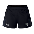 The Chicago Valkyries Women's Advantage Short 2.0 by EMB Canterbury in black boasts a white logo on the left and a crest on the right. Made with recycled content, they blend style and sustainability.