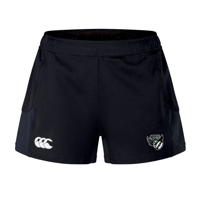 The Chicago Valkyries Women's Advantage Short 2.0 by EMB Canterbury in black boasts a white logo on the left and a crest on the right. Made with recycled content, they blend style and sustainability.