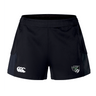 The Chicago Valkyries Women's Advantage Short 2.0 by EMB Canterbury in black boasts a white logo on the left and a crest on the right. Made with recycled content, they blend style and sustainability.