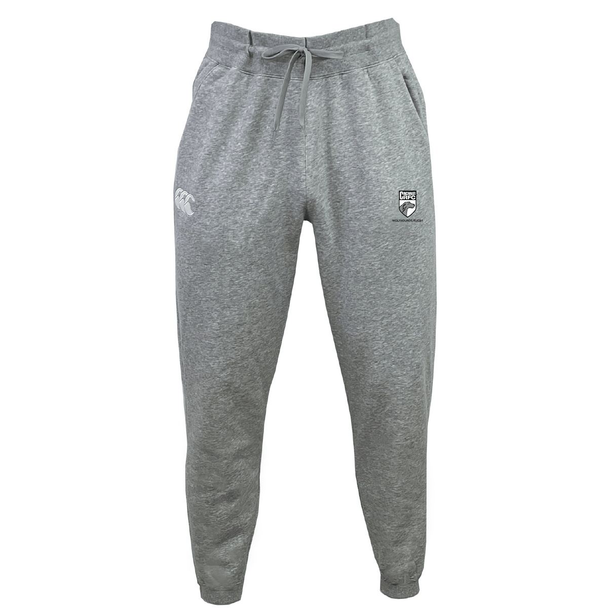 The Cincinnati Wolfhounds Leisure Sweatpant by EMB Canterbury are gray, made from recycled polyester, and feature an elastic waistband, drawstring, and two front logos.