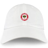 The Chico Oaks Adult Low-Profile Cotton Twill Dad Cap by EMB S&S Activewear features a circular red and white "Chico Oaks Rugby Club" logo with an oak tree embroidered on the front.