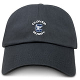 The Clover Middle School Adult Low-Profile Cotton Twill Dad Cap by EMB S&S Activewear is a black cotton twill hat featuring an embroidered blue and white "C" logo with "Clover Rugby" above and below.