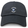 The Clover Middle School Adult Low-Profile Cotton Twill Dad Cap by EMB S&S Activewear is a black cotton twill hat featuring an embroidered blue and white "C" logo with "Clover Rugby" above and below.
