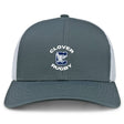 The EMB S&S Activewear Clover Middle School Retro Trucker Cap features gray and white panels, embroidered “Clover Rugby” and a stylized "C" logo on the front, plus a convenient snapback closure.